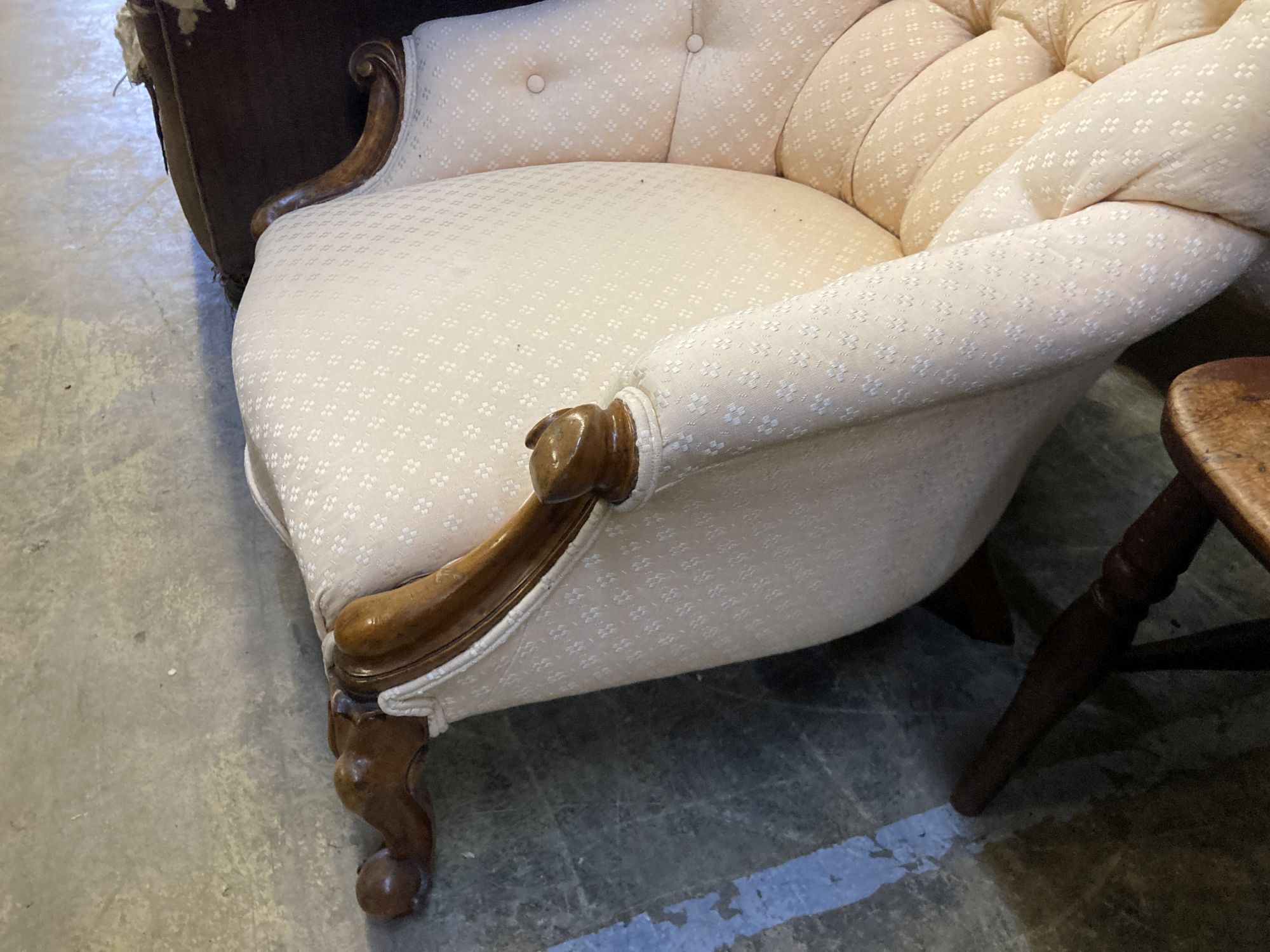 Two Victorian upholstered spoon back buttoned armchairs, larger width 70cm, depth 70cm, height 87cm